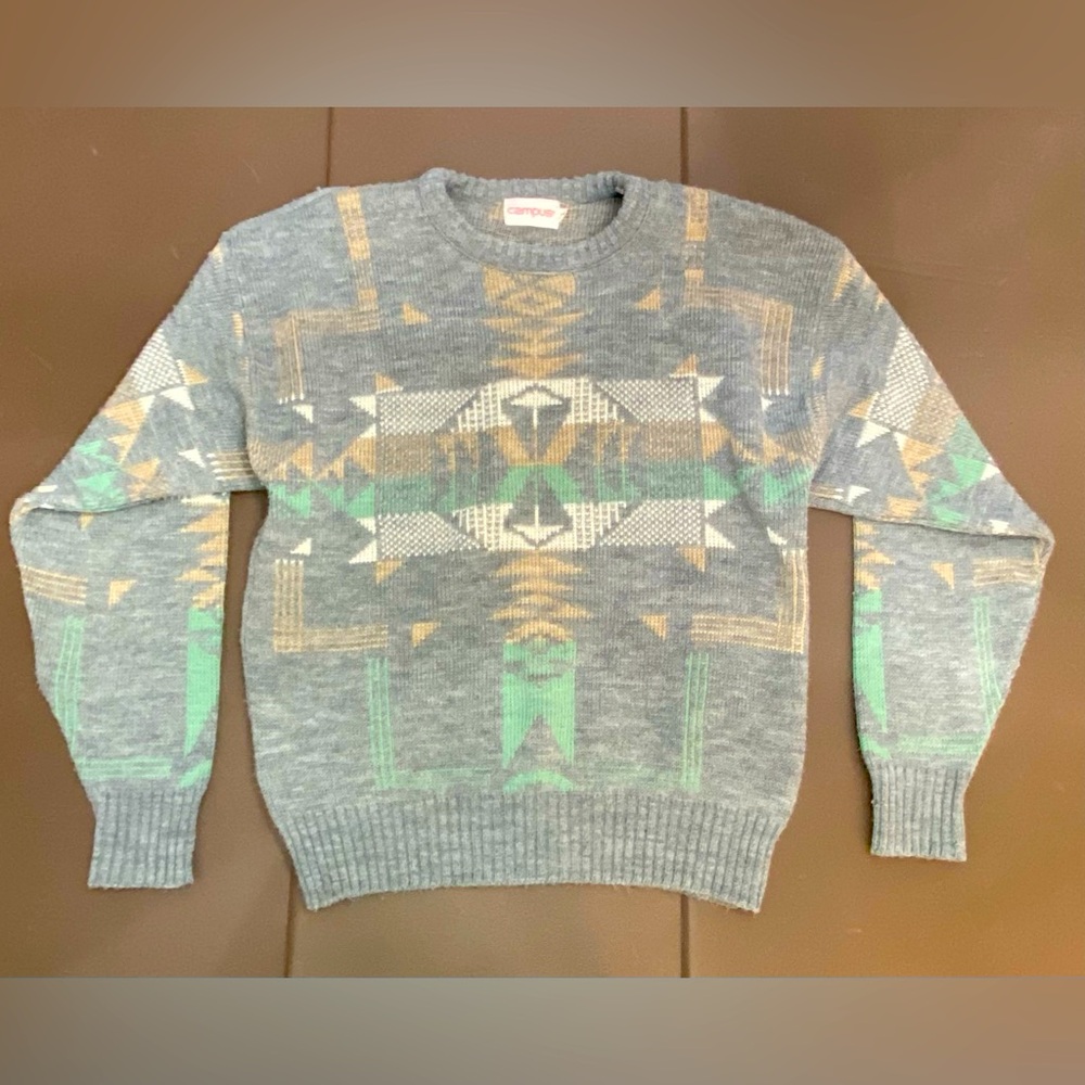 CAMPUS Vintage Men's Gray USA Geometric Aztec Southwest Grandpa Sweater 80s XL